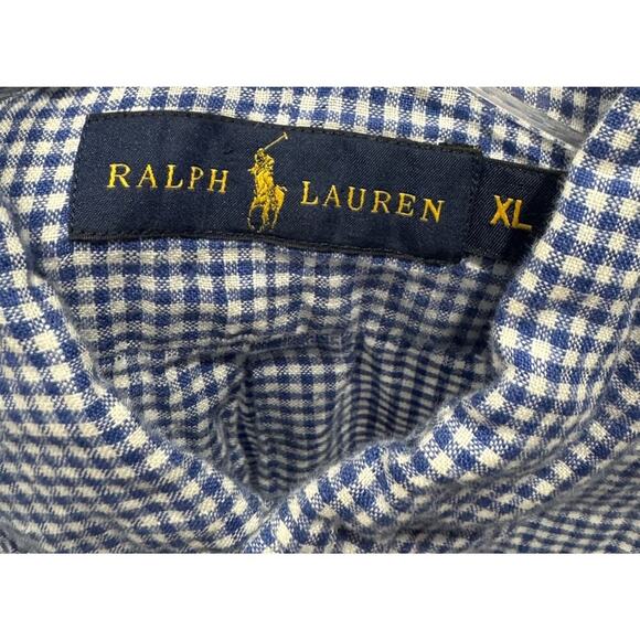 Ralph Lauren Men’s XL Blue White Check Print Linen Button Up Short Sleeve Shirt - Picture 5 of 7